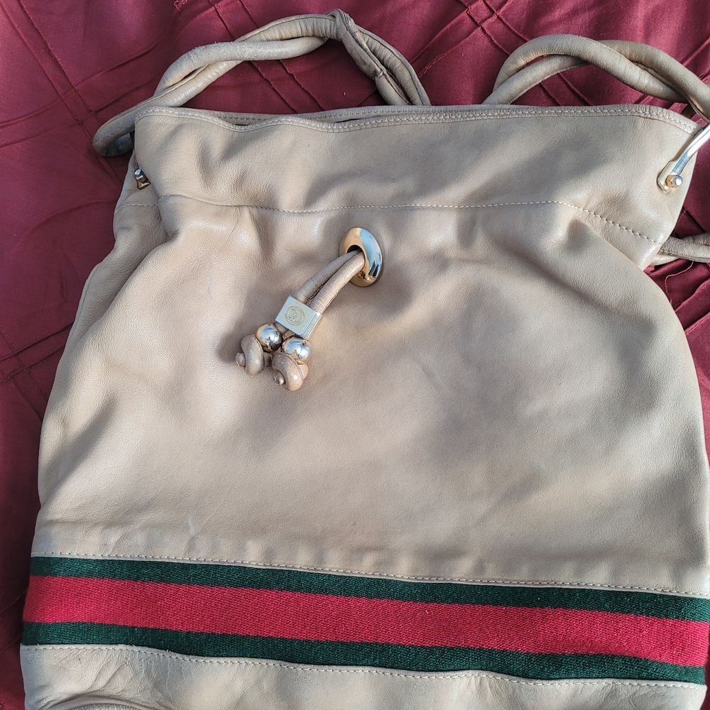 Chic Tan Shoulder Bag with Red and Green Stripes